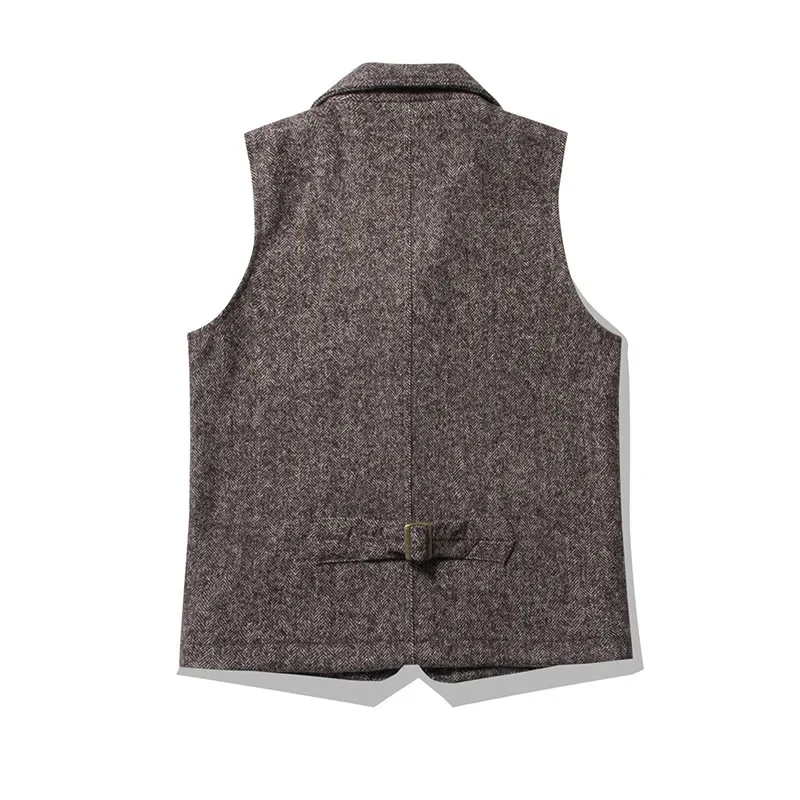 OKONKWO retro British style coarse flower wool vest thick double-layer multi-pocket suit collar Ami Khaki