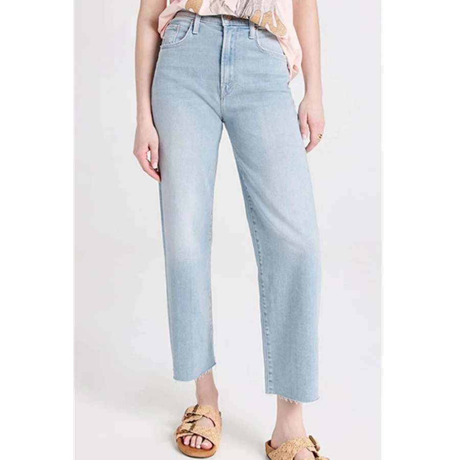 

Maxdutti 2026 Spring/summer Causal Denim Pants High Waisted Light Blue Loose Straight Leg Loose Edge Cropped Jeans For Women