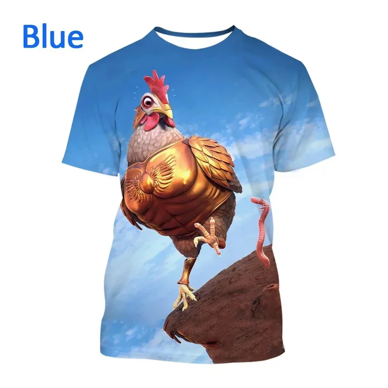 Men\'s and women\'s 3D chicken print T-shirt, round neck loose short sleeved shirt, summer fashion