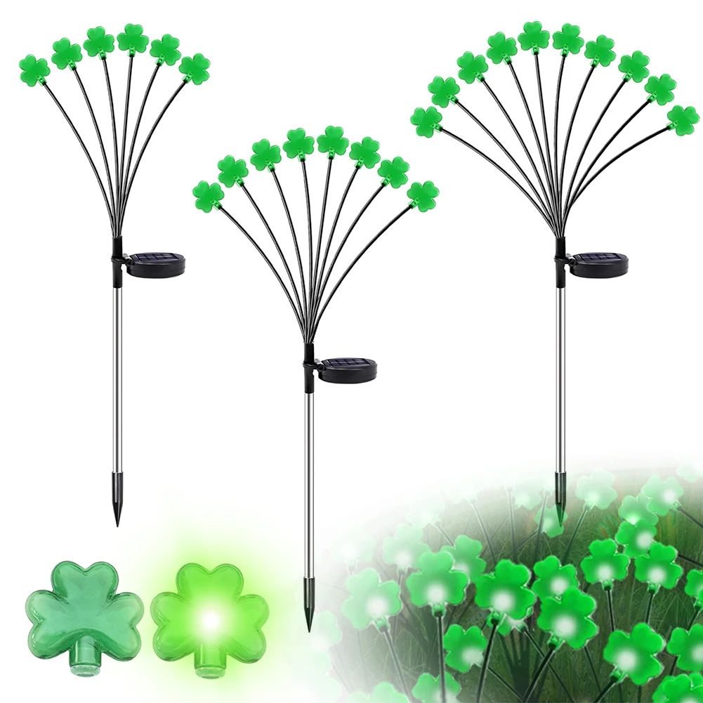 

2Pcs Solar Shamrock Lawn Lamp IP65 Waterproof Decorative Clover Light Clover Stake Swaying Lights Outdoor Irish Day Garden Decor