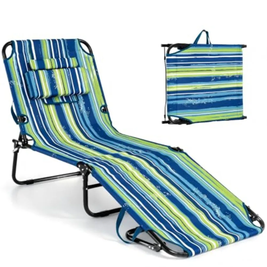 Beach lounge chair for outdoor use, polyester fabric, stripe pattern, supports up to 330 lbs with face hole, washable pillow an
