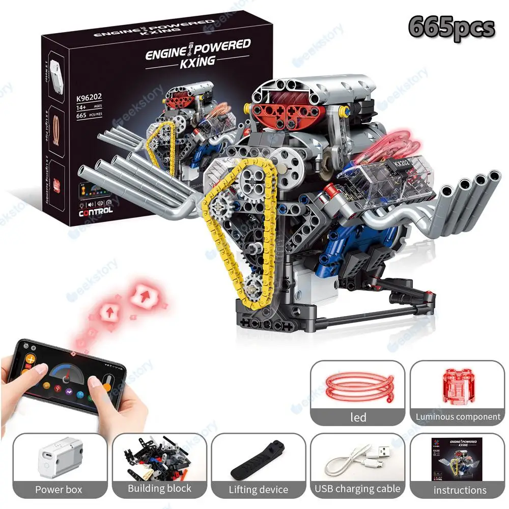 665pcs V8 Engine Model MOC Building Blocks Set Car Parts K96202 Ornaments With APP Programming Motor Drive DIY Toys Bricks Gift