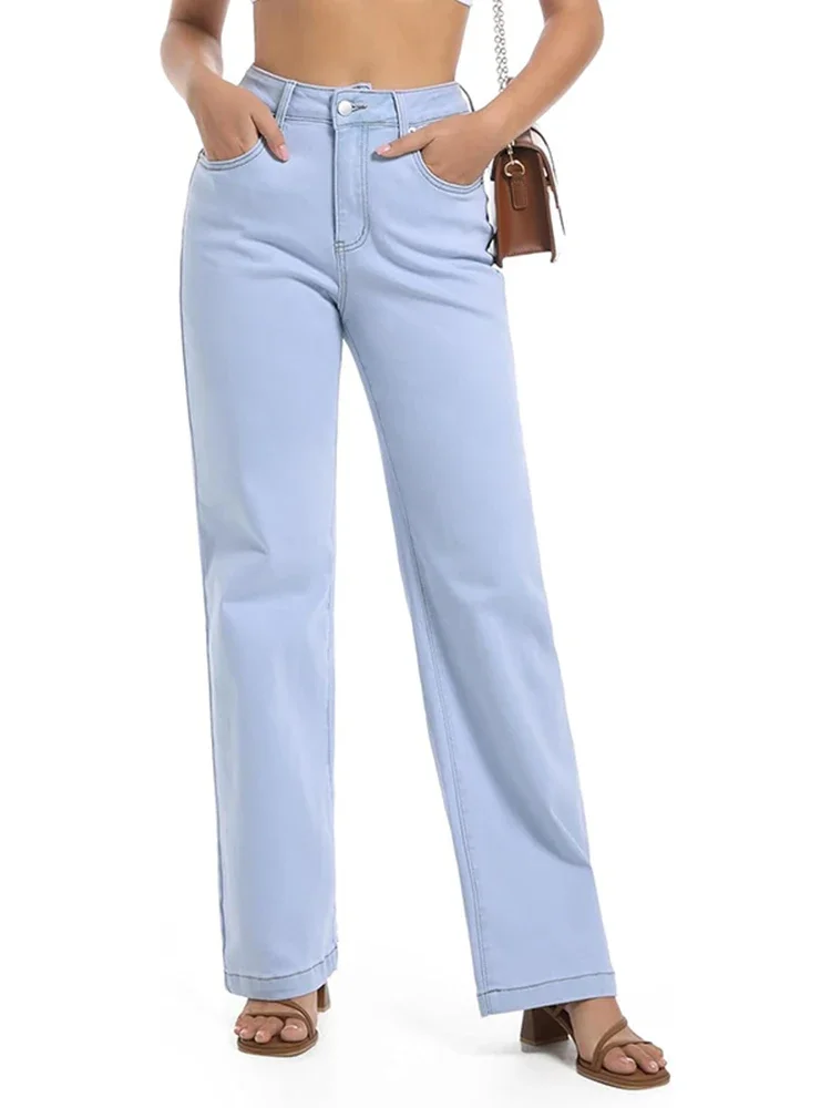 

2025 Women High Waist Straight Leg Jeans Lady Stretchy Slim Fit Denim Pants Female Beige Gray White Pink Cheap Office Trousers