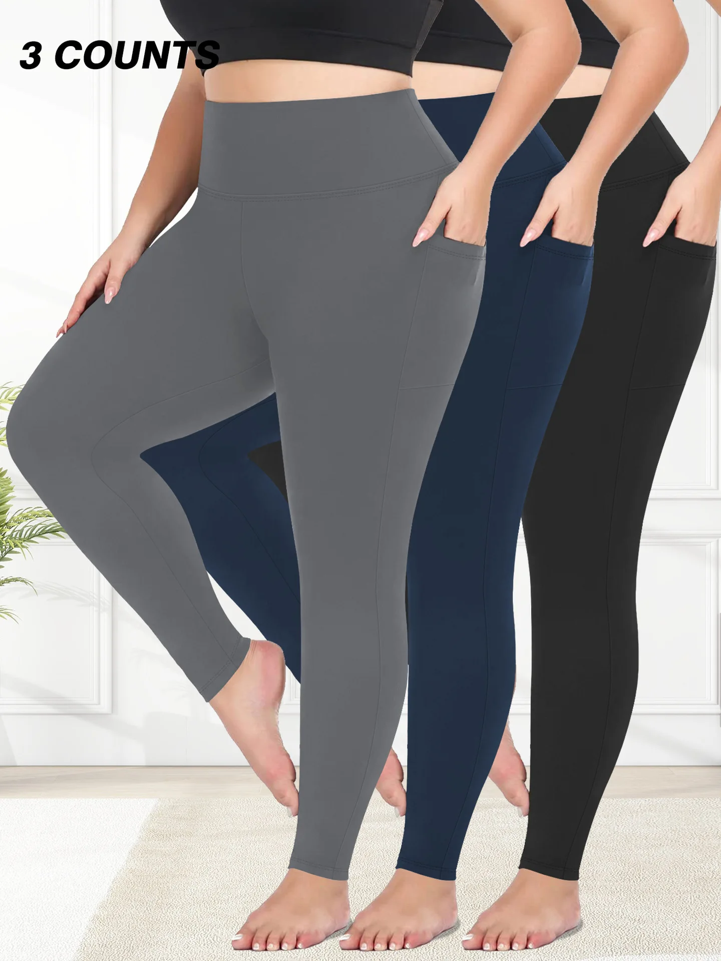 المرأة عالية الخصر المخملية طماق حجم كبير اليوغا السراويل الخريف الشتاء جيب الثنائي 1XL-5XL #1