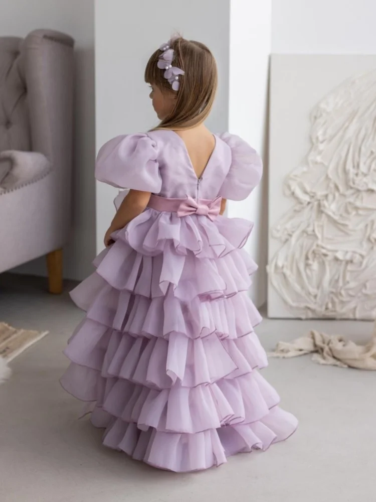 Custom Flower Girl Dress Short Puff Sleeve Organza Round Neck Multi-Layer Tiered Ruffle Floor Length For Birthday Photoshoot