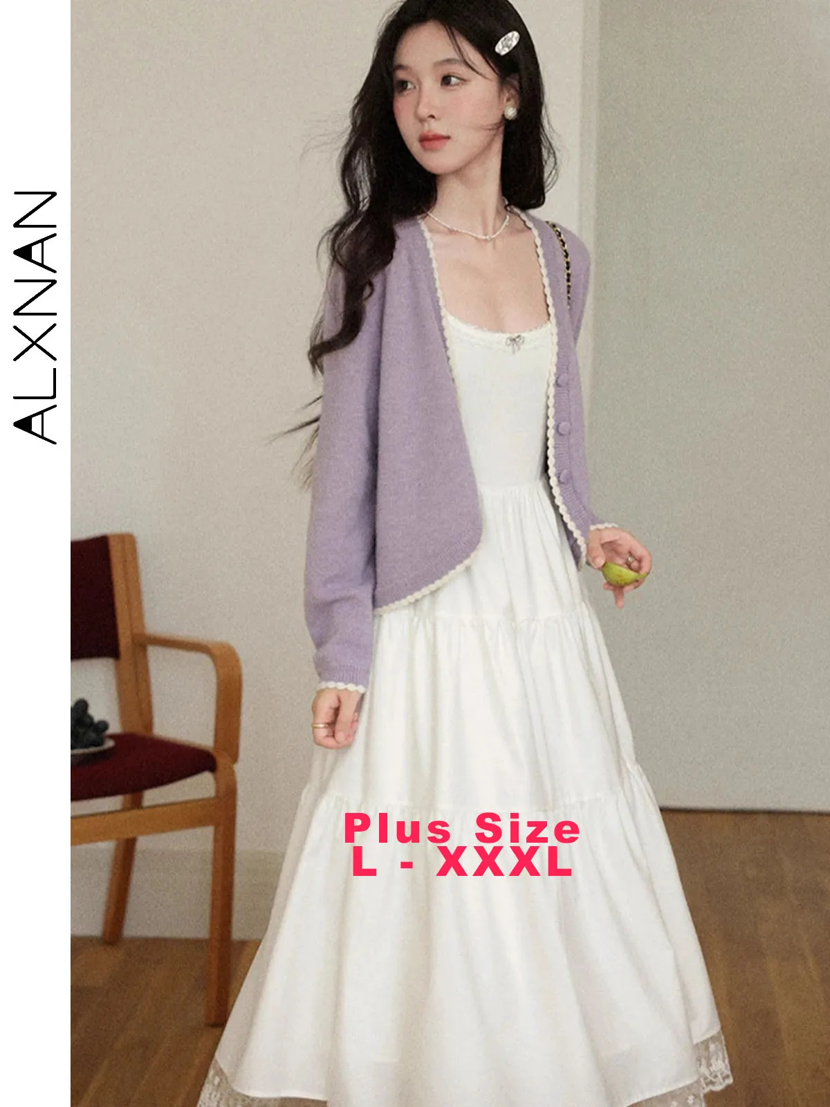 

ALXNAN Plus Size Sleeveless Dress Women White Elegant Lace Patchwork Long A-line Dresses Summer Holiday Clothes Female D12508