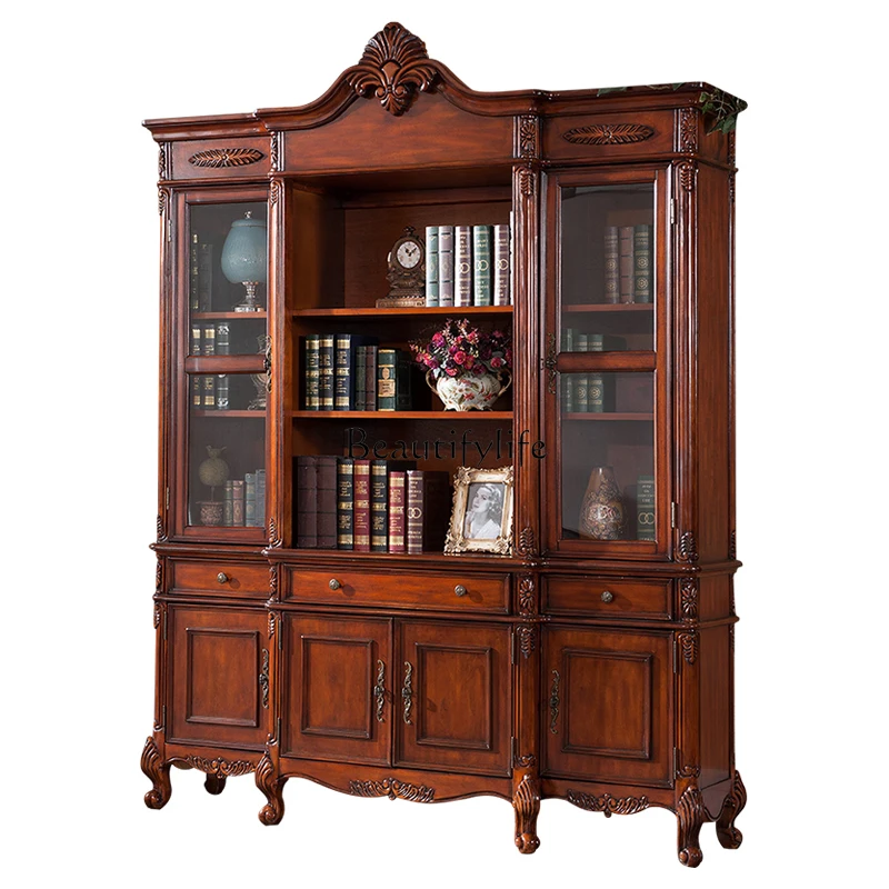 

American solid wood bookcase luxury European retro large capacity multi-layer bookcase