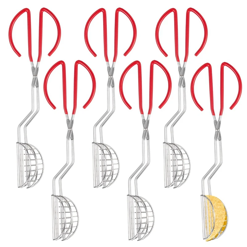 6 Pcs Stainless Steel Taco Shell Tong With Red Plastic Clip, Taco Press For Homemade Tortilla Shells Taco Shells Making Durable