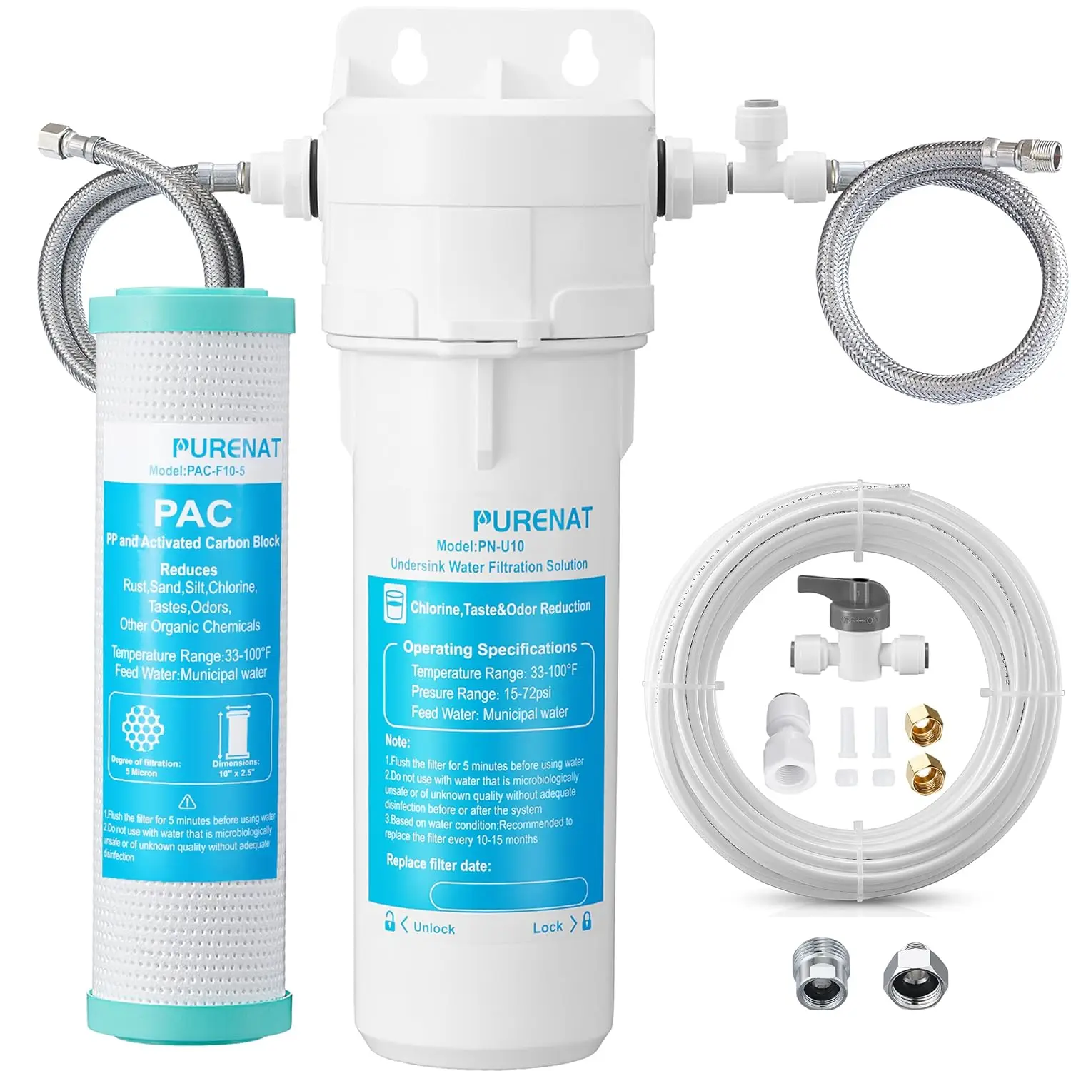 

Under Sink Water Filter System for Kitchen Faucet, Refrigerator, Ice Maker - Reduces Rust, Sand, Chlorine