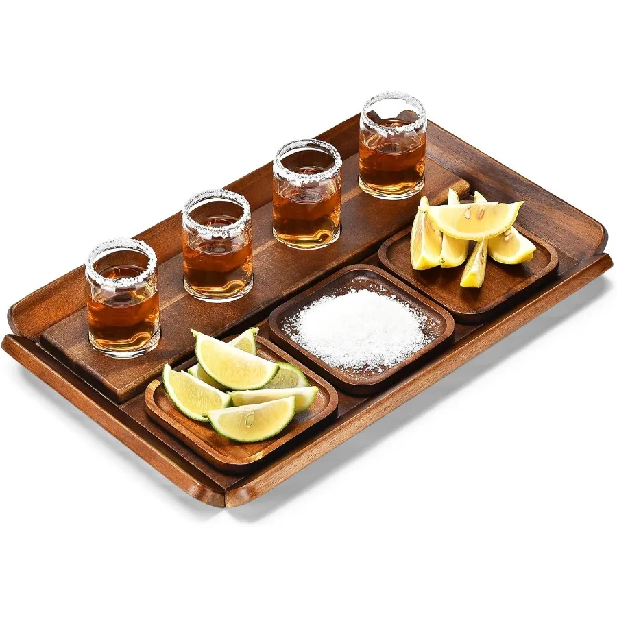 

Rustic Wooden Tequila Flight Tray Set – Tasting Board with 4 Shot Glasses & Coasters, Cocktail Sampler for Parties, Home Bar, Me