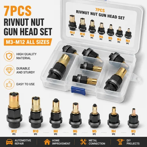 Gift Box Set 7PCS Rivnut Nut Gun Head Set M3-M12 Mandrels Kit Threaded Insert Tool Heads for Automotive Repair DIY Metal Working