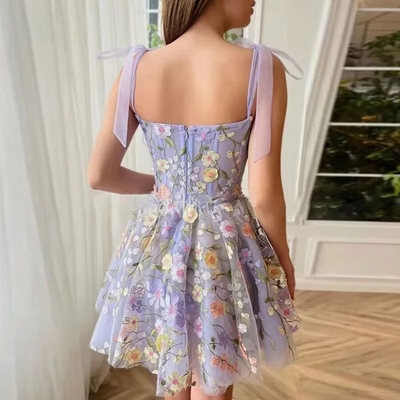 Sweet Chic Bow Suspenders A-Line Dress Elegant Spring Embroidery High Waist Mini Dress New Fashion Women Backless Summer Dress