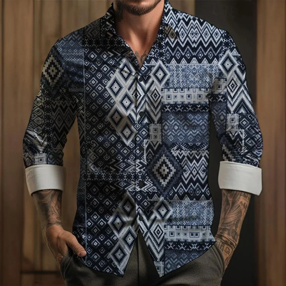 Men\'s Shirt Hawaiian Fashion Resort Casual Long Sleeve Shirt Men\'s Plus-size Lapel Button Up Top Vintage Plaid Print Shirt