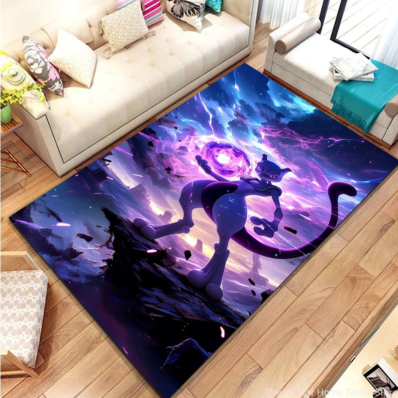

Japanese Anime Pokemon Mewtwo Cartoon Rug Carpet for Living Room Bedroom Bedside Floor Mat Kids Room Anti-slip Mat Room Decor