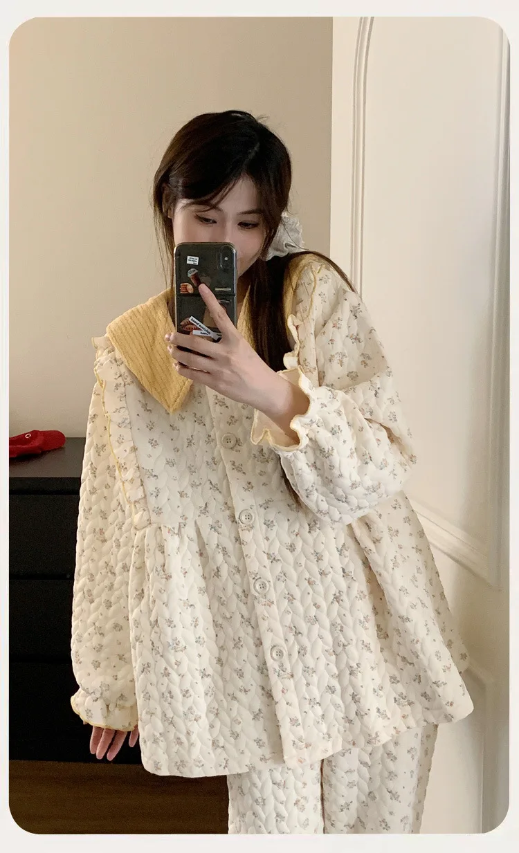 Conjunto de pijamas de algodão puro feminino outono inverno quente mangas compridas pijamas bonito confortável homewear aconchegante loungewear pijamas