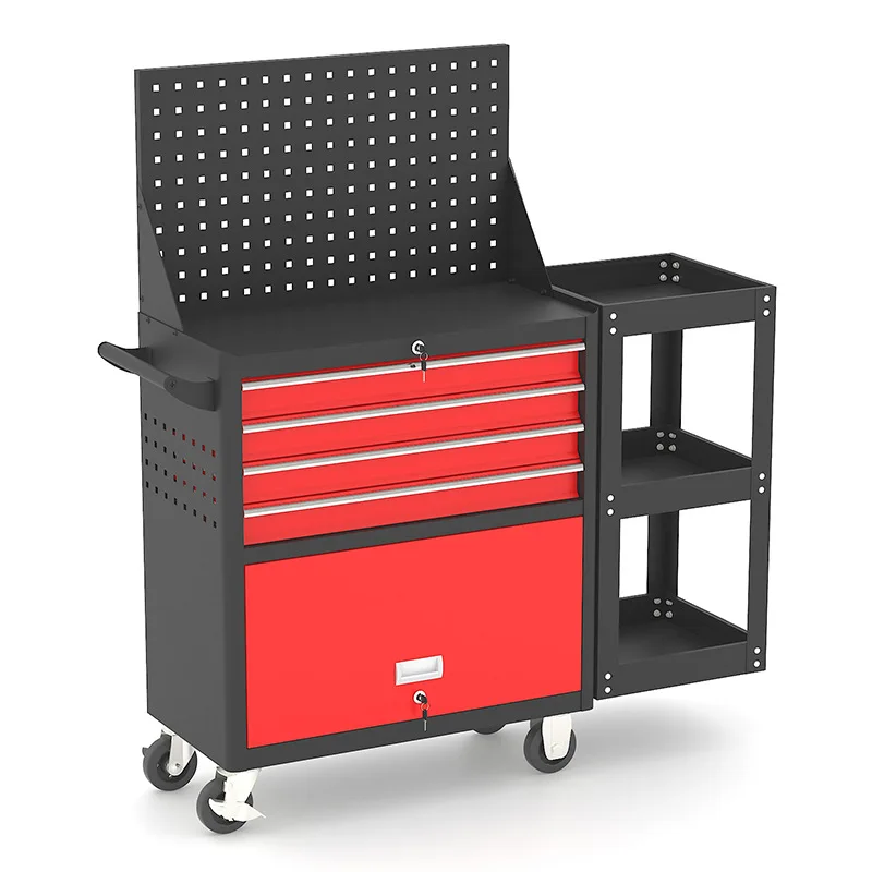 

Heavy-duty auto repair tool cart, side-hanging mobile drawer toolbox with back net