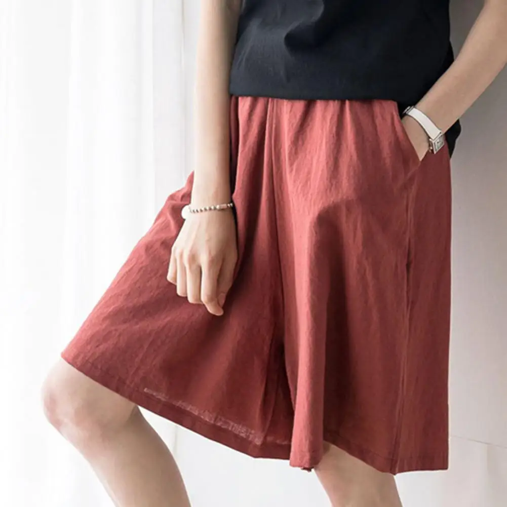 Women Wide Leg Shorts Casual Shorts Stylish Women's Mid-rise Elastic Waistband Wide Leg Shorts with Pockets for Casual Travel