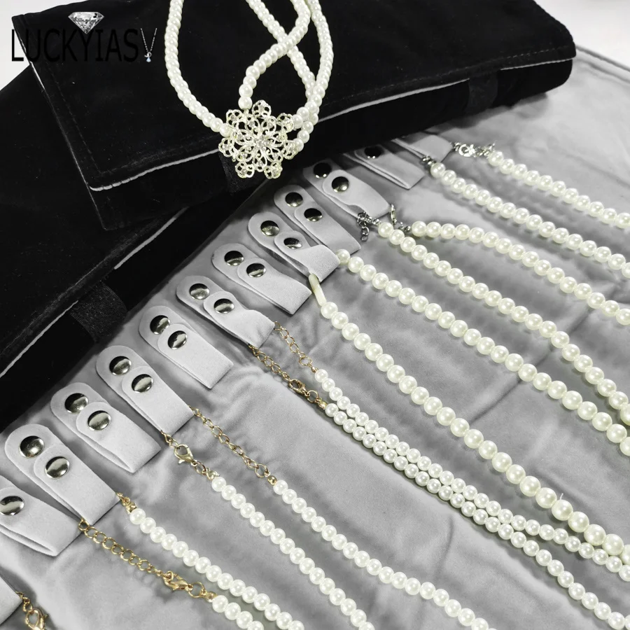 حقيبة تخزين المجوهرات المخملية السوداء، حقيبة تنظيم لفة لمعرض أكياس تغليف القلائد المحمولة للسفر #6