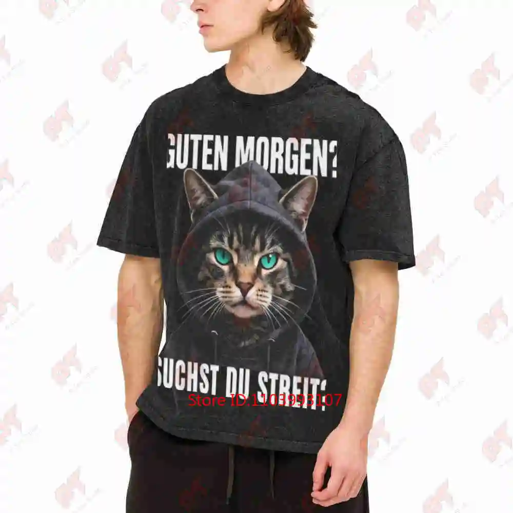 Guten Morgen Angry Cat Vintage Washed Tee Pure Cotton T-Shirt