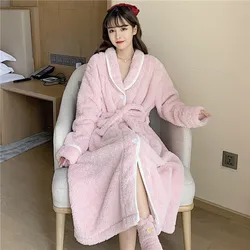 Flannel Robes Women Thick Warm Simple High Quality Bathrobes Female Sashes Sleepwear Patchwork Sweet Kawaii Tender Homewear Ins