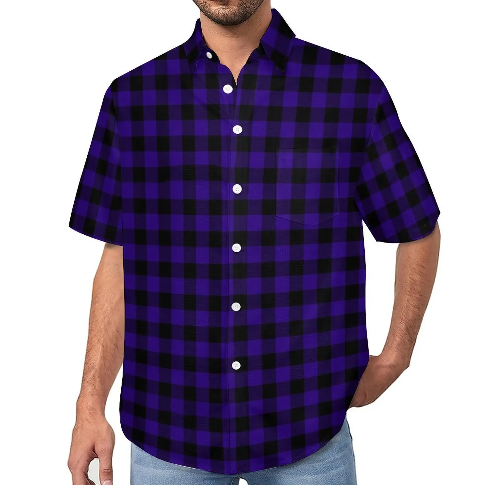 Chemises décontractées à carreaux pour hommes, chemisiers esthétiques hawaïens, imprimé graphique à carreaux, chemise de vacances, noir, violet, bleu, grande taille