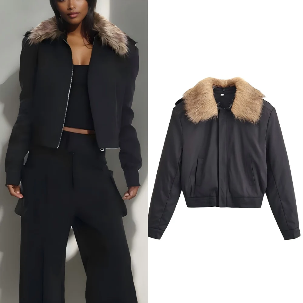 

Women's winter fashion black fur collar short cotton jacket retro long sleeved zipper women's Coat chic top