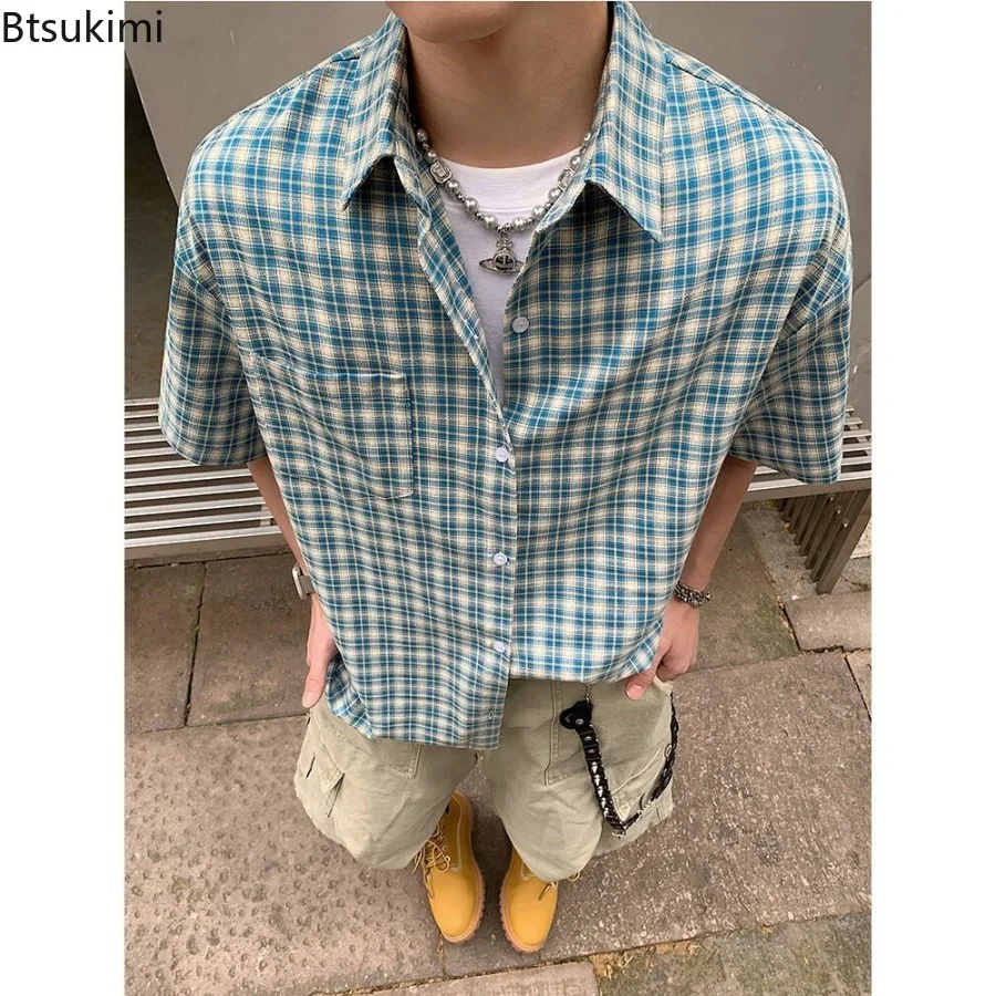 Men's Summer Plaid Design Short Sleeve Shirts Loose Sun Protection Shirt Couple's Trendy Outerwear Casual Fashion Shirts Male