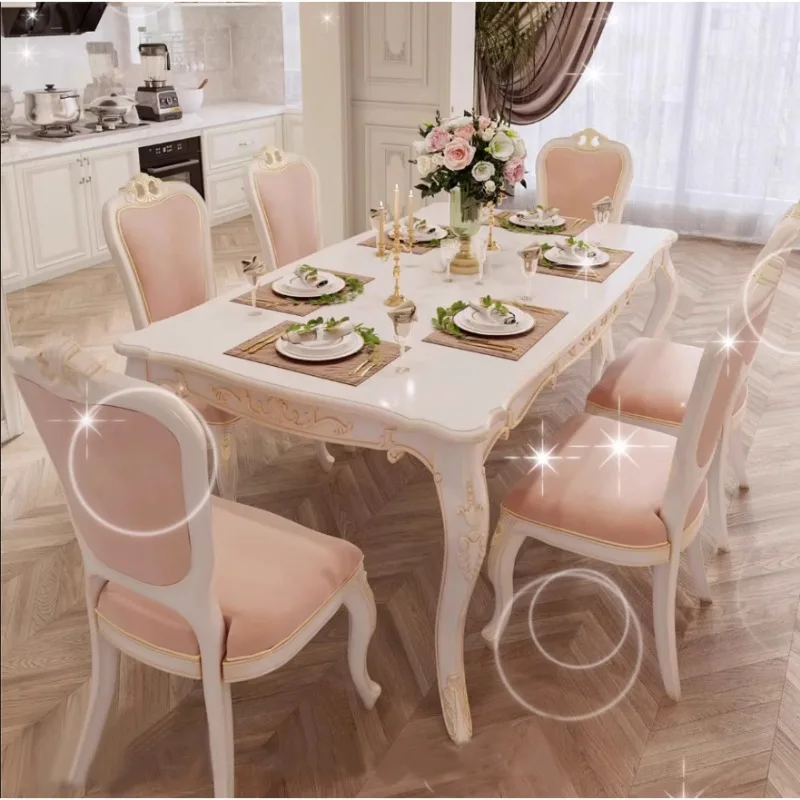 

French light luxury solid wood carving flower dining table and chair combination luxury European romantic princess style multi-p