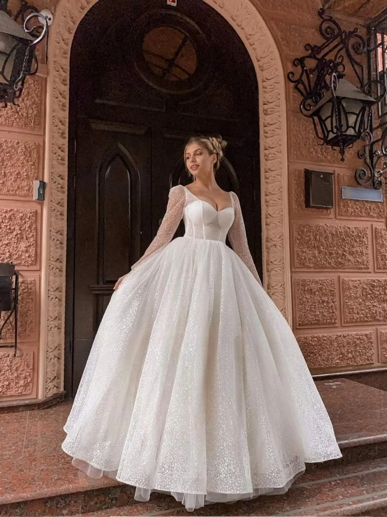 

Tulle Glitter Ball gown Long sleeve wedding dress Boho Princess Unique wedding dresses bridal simple wedding dress party dresses