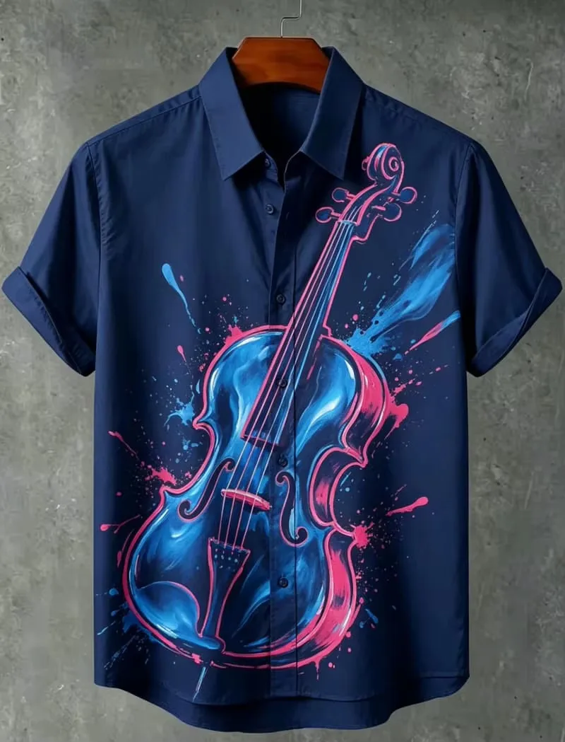 Colorful Watercolor Musical Instrument Short Sleeved Flower Shirt Niche Art Design Men's Loose Shirt Summer Street Versatile Top