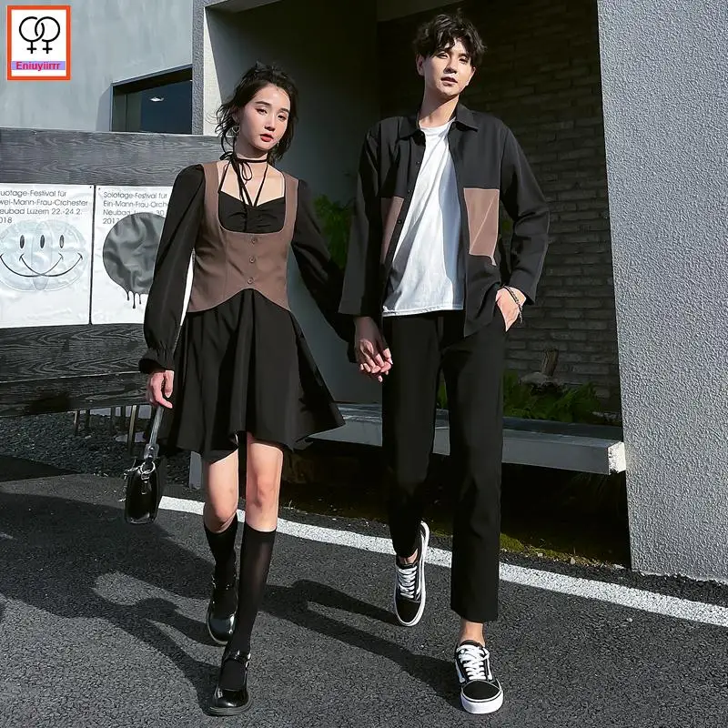 Matching Couple Clothes Outfits Male Female Lovers Holiday Valentine\'s Date Honeymoon Retro Vintage Two Piece Shirt Dress