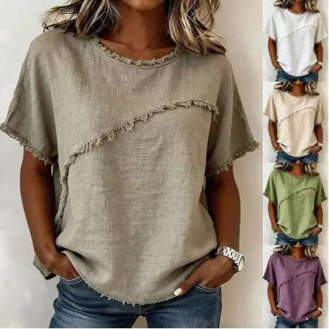 Short Sleeve T Shirt Clothes For Woman Round Neck T Shirts Women Casual Blouse Linen Look Tee Oversized Fit Frayed Hem Top