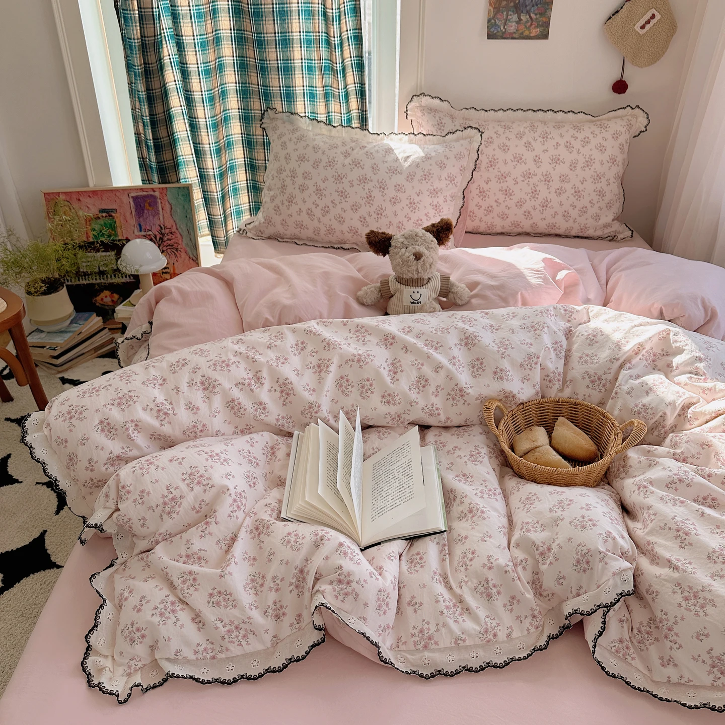 Floral Ruffles Princess Bedding Set Duvet Cover Pillowcases Bedsheet Skin-friendly Bed Linen Set Girls Room Bedclothes 3/4Pcs