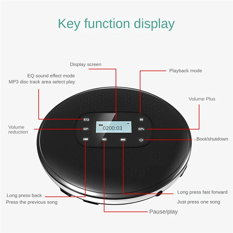 Portable CD Walkman Rechargeable Intelligent Touch Screen CD Player Digital Display Stereo Speaker for Student White