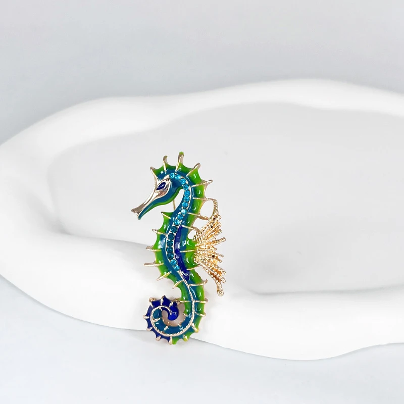 Broche Esmalte Rhinestone Seahorse para homens e mulheres, óleo gotejante, alfinete de segurança animal, festa casual, broches de escritório, presente da jóia, vintage