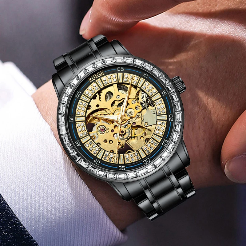 RUIGE Luxury Men\'s Fully Automatic Mechanical Watch Stainless Steel Diamond Inlaid Hollow Night Glow Waterproof Trendy Watch