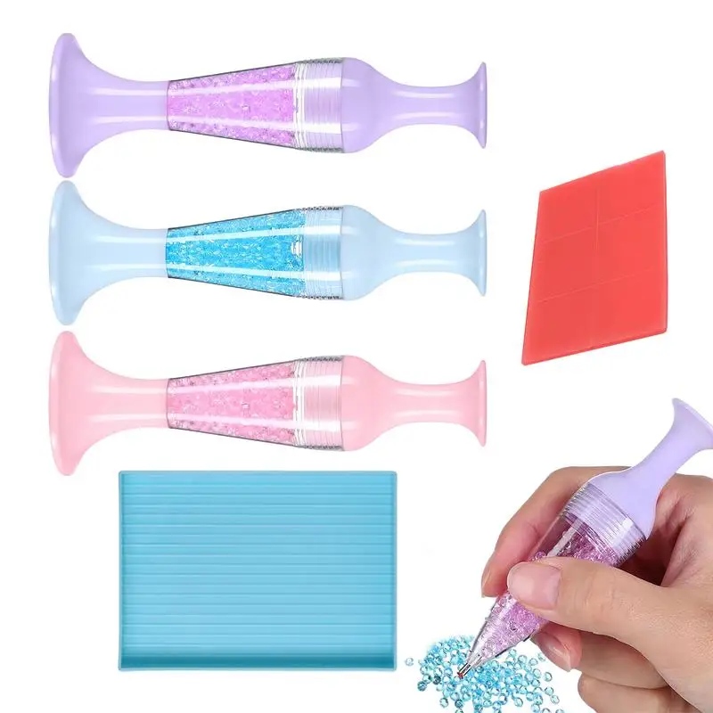 Gem Art Pens Flower Pot Shaped Nail Point Pen 3x Gem Art Accessories Pens with Gem Tray and Glue Clay No Wax Dot Painting Pen