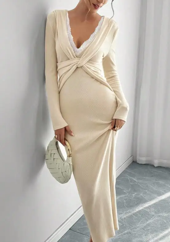 

Slim Fit Women's Dress Spring New V-Neck Lace Patchwork Twist Design Elegant Temperament Hip Hugging Suitable for Banquet Dress