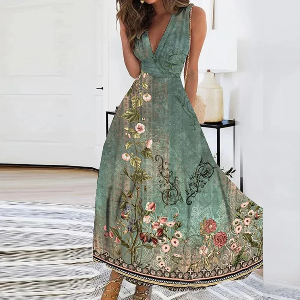 Sexy Floral Print Dress for Women 2024 Summer Elegant Bohemian Long Dresses Female Clothing Vestido Skirt