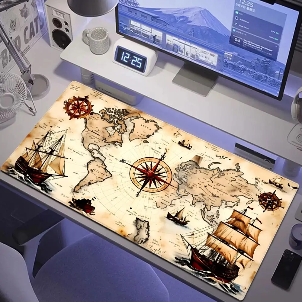 

HYBXAXC retro nautical chart design extended mouse pad - large high definition printed table mat, durable non-slip rubber base