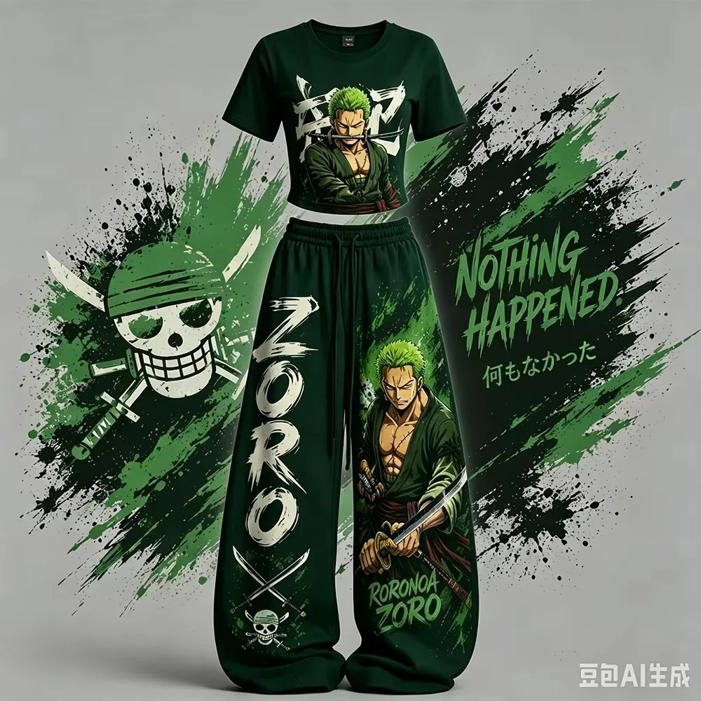 One Piece Roronoa Zoro Neues Trendiges Herren/Kinder Kurzarm-Hosen-Set Street Y2K Lässiges T-Shirt-Set Amerikanisches Hip-Hop-Sport-Set