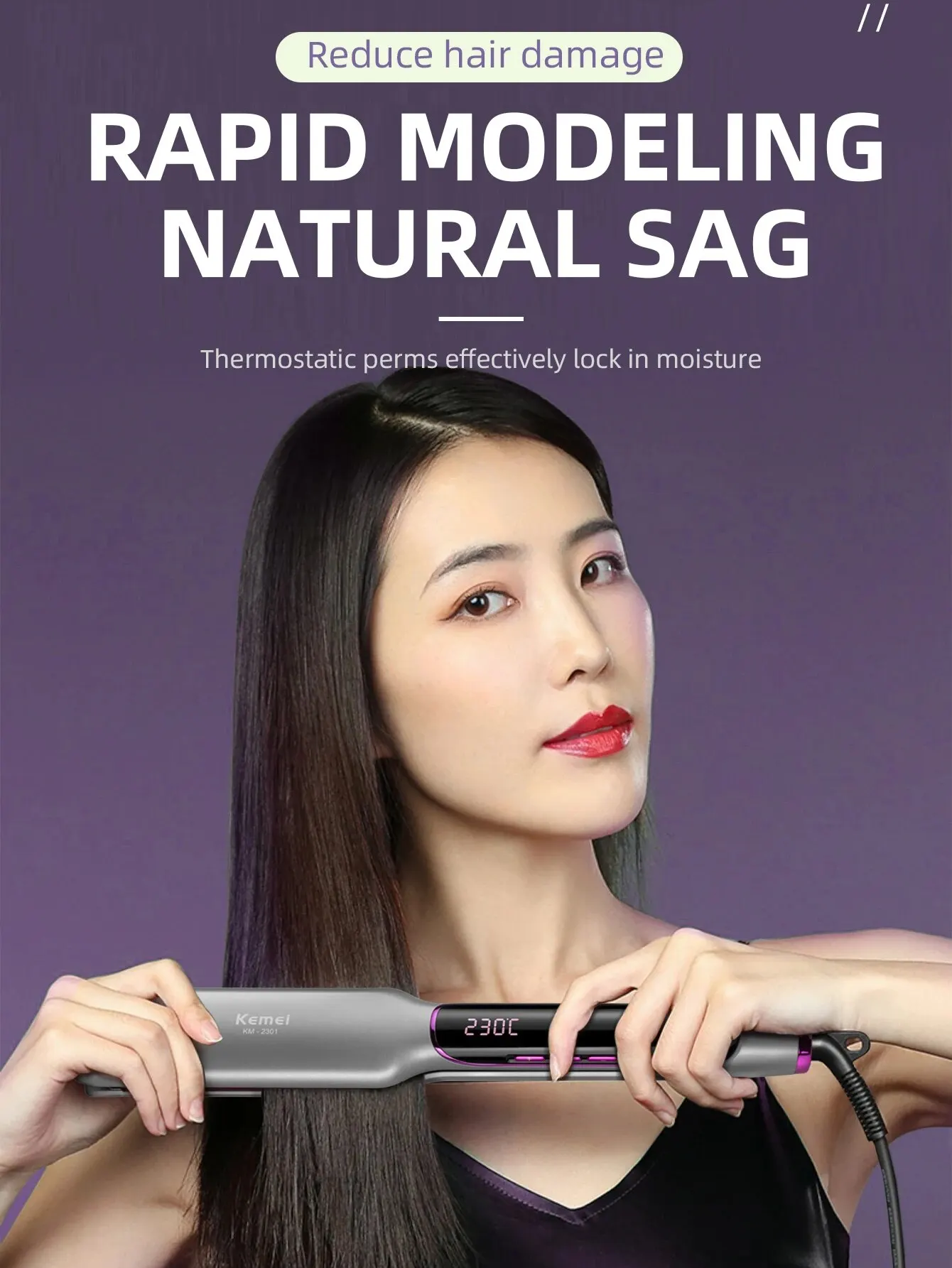 جهاز فرد شعر من الحديد المسطح من KEMEI مع شاشة LCD ، جهد مزدوج ، تسخين أطباق سيراميك عائمة بسرعة