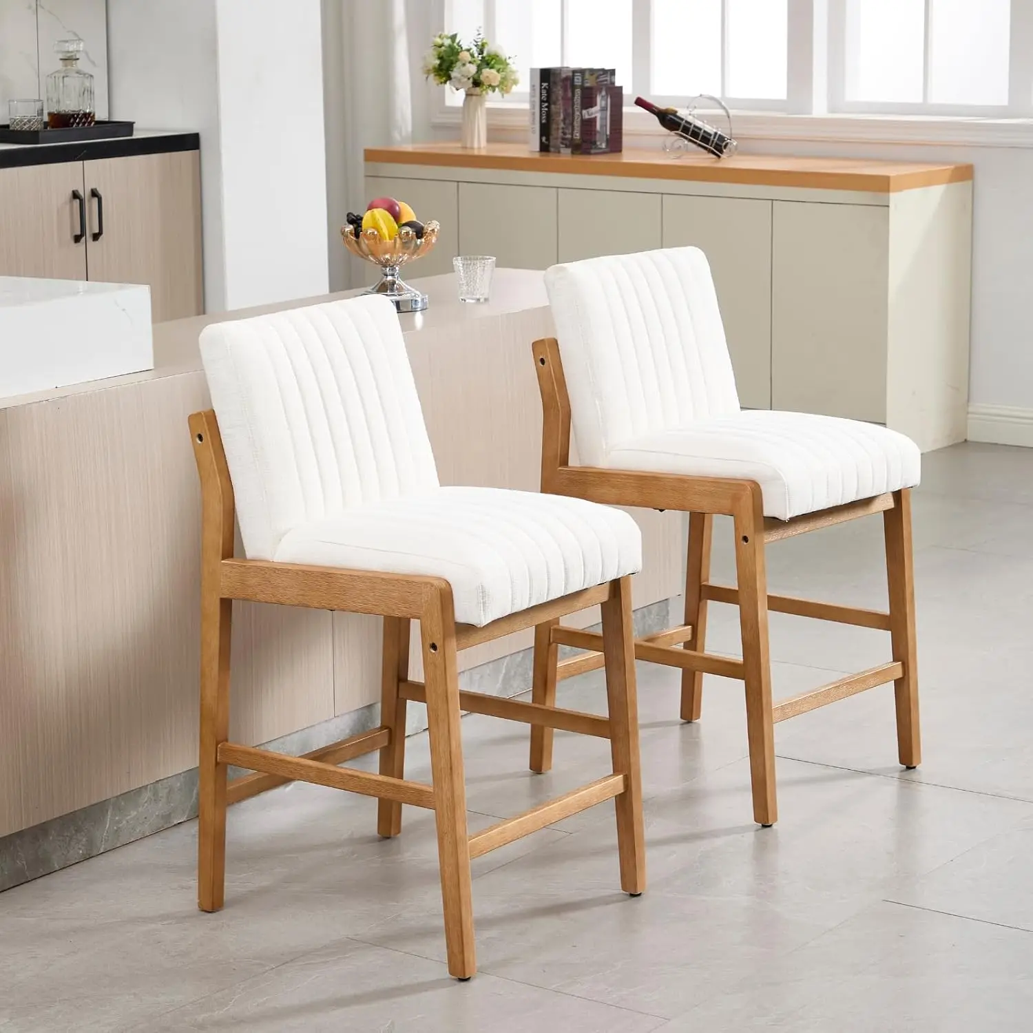 Heah-Yo Modern Upholstered Bar Stools Set Of 4, 26” Linen Counter Height Bar Stools With Back And Footrest,Bar Stools For