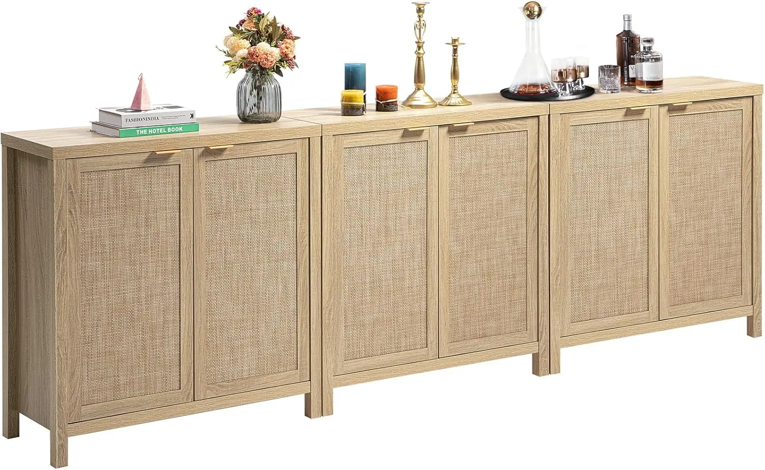 

SICOTAS Rattan Cabinet Sideboard Buffet Cabinet - Boho Credenza Coffee Bar Cabinet with Storage Rattan Decorated Doors - 3 Piece