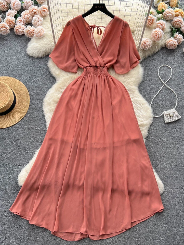 Women Fashion Vintage Elegant Chiffon Casual Dress Summer V-neck Short Sleeve Elastic Waist Slim A-line Beach Long Dresses