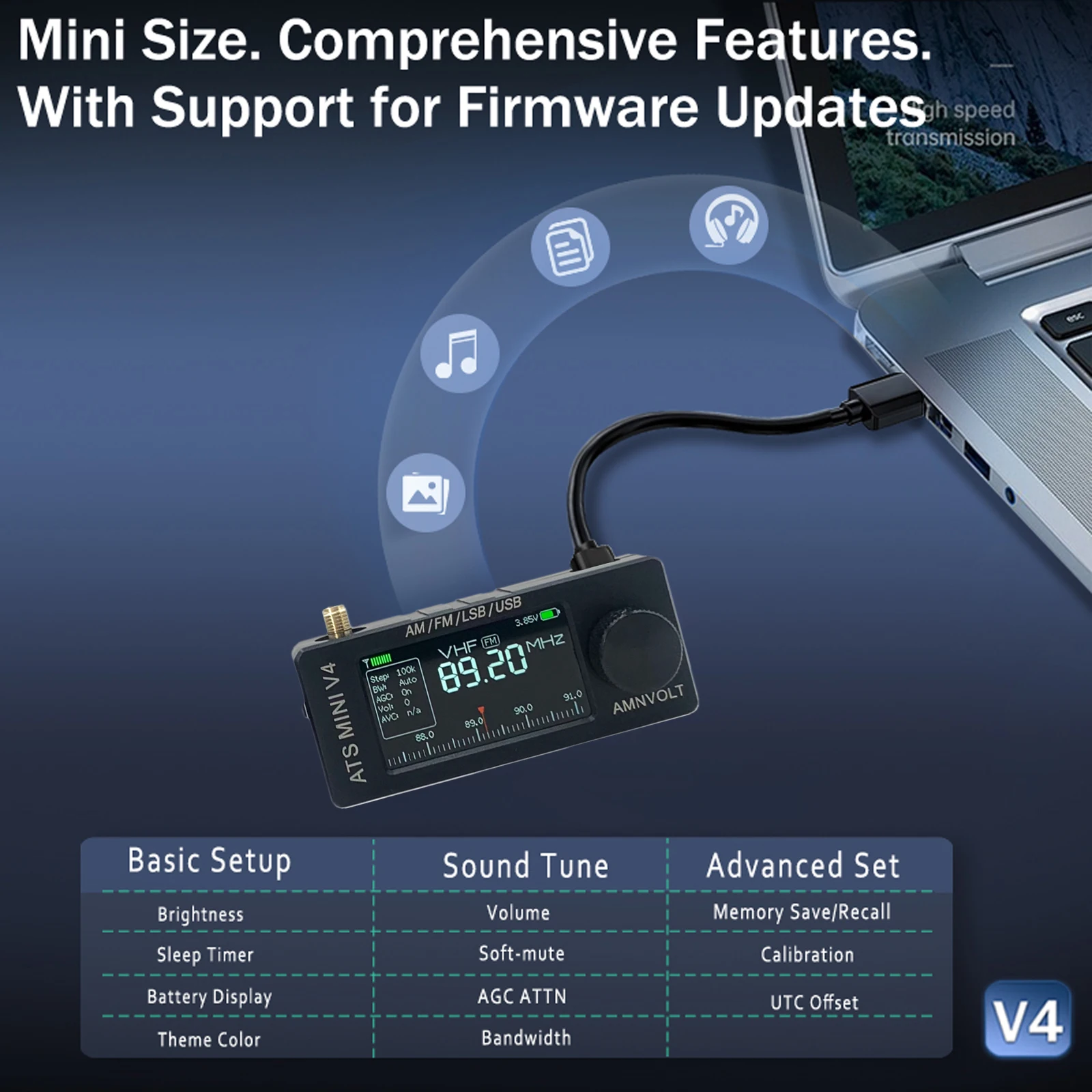 AMNVOLT V4 ATS MINI SI4732 راديو كامل النطاق DSP راديو FM AM SSB LSB USB استقبال ، المدمج في Hi-Z مضخم ضوت سماعات الأذن #4