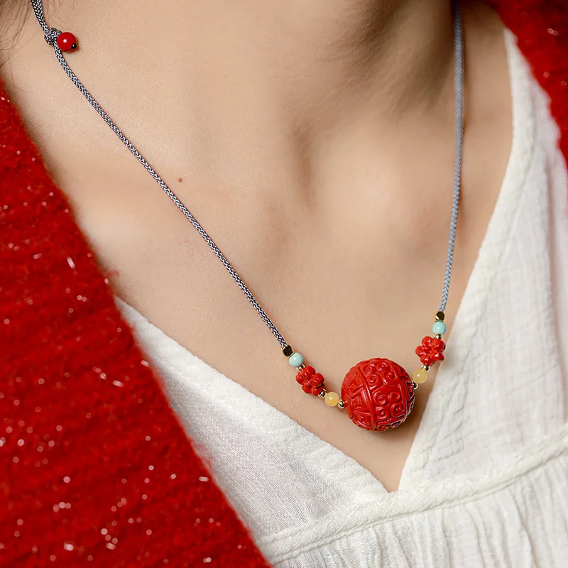 

Natural high content cinnabar red sand transfer bean pendant handmade ethical positive red clavicle chain