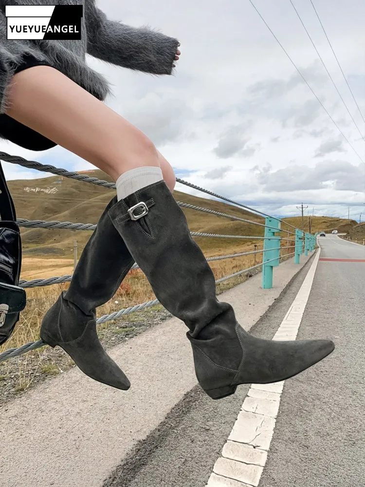 2026 Autumn Winter New Ladies Tall Genuine Leather Boots Womens Cow Suede Pointed Toe Fashion Boots Mid-Calf Length Footwear