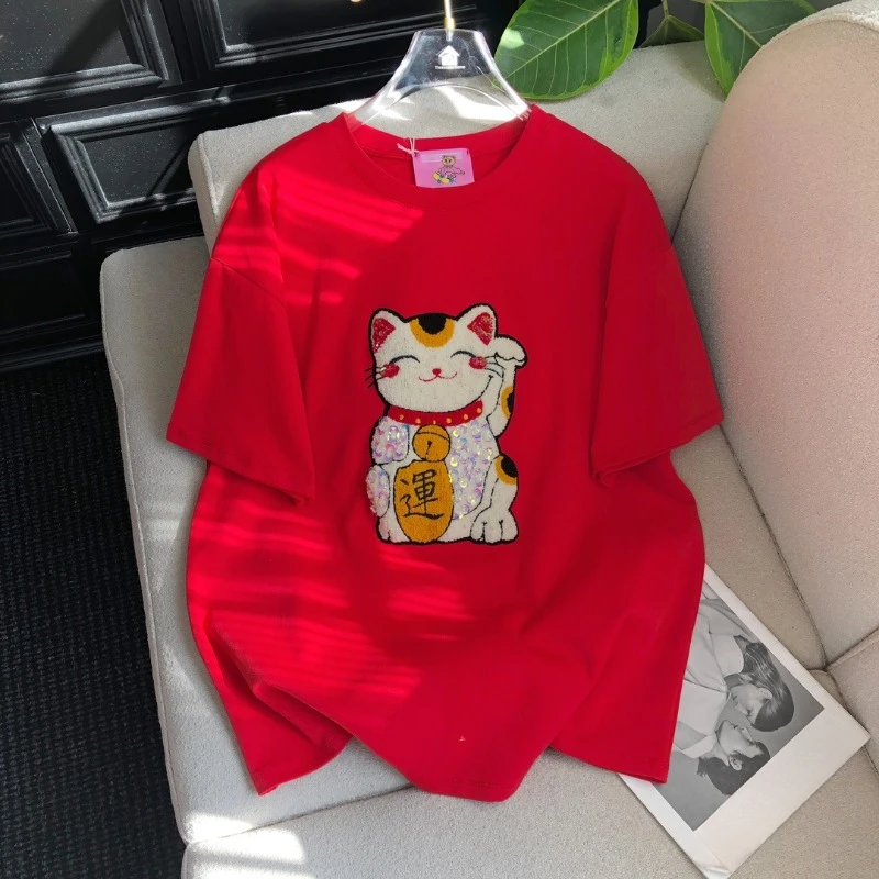 Spring New Fashion Design Tees Heavy Industry Flocking Lucky Cat Cartoon Bead Patch New Year's Short Sleeves T-Shirt Y2k Clothes