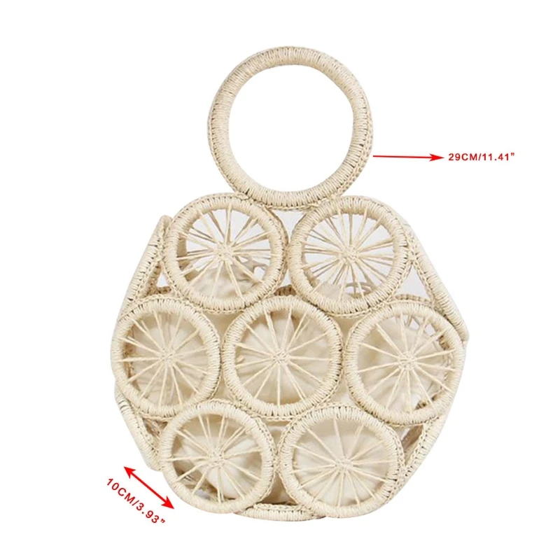 Basket Bag Fashion Round Clutch Bags with Top-handle Hollow Straw Woven Bags Rattan Tote Photo Props Summer Vacation Bag